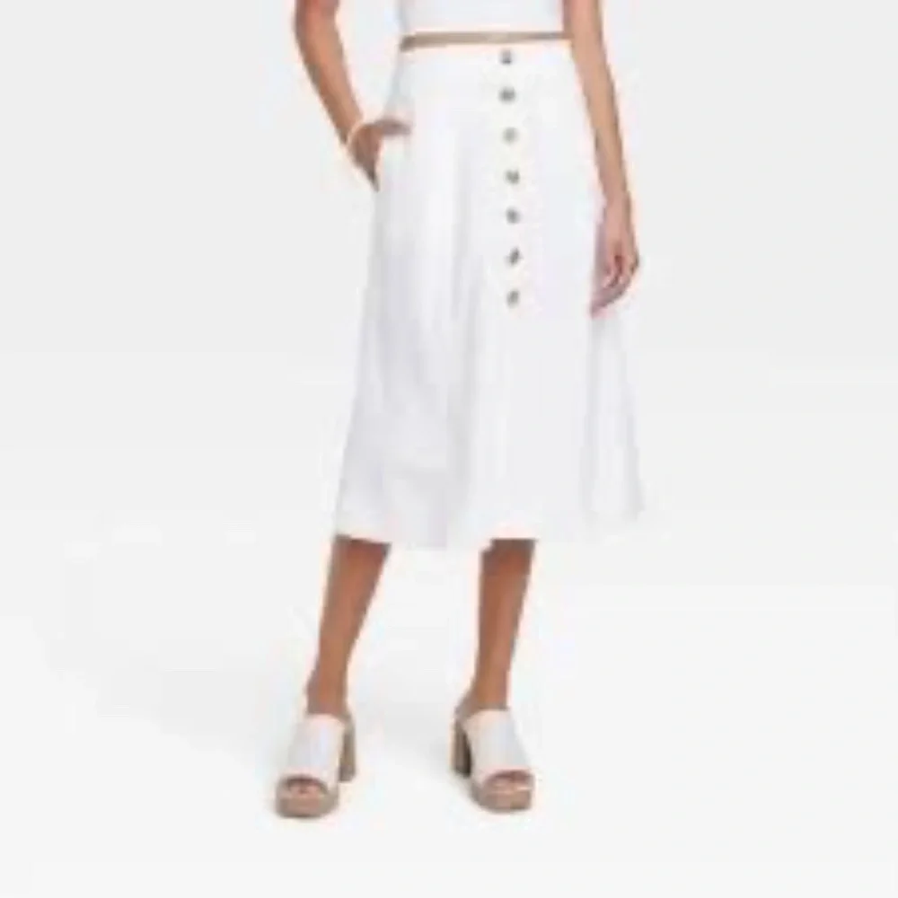 Universal Thread Button Front Skirt Womens Medium White Linen Midi - Picture 1 of 10